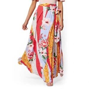 New York & Company Floral Patchwork Tie Waist Wrap Maxi Skirt Red Multi XS